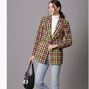 Avec Les Filles Plaid Twill Blazer with Peaked Lapels